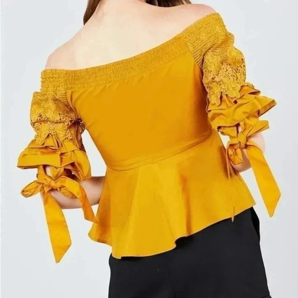 Bubble Sleeve W/bow Tie Off The Shoulder W/crochet Lace Cotton Woven Top… - Picture 2 of 9